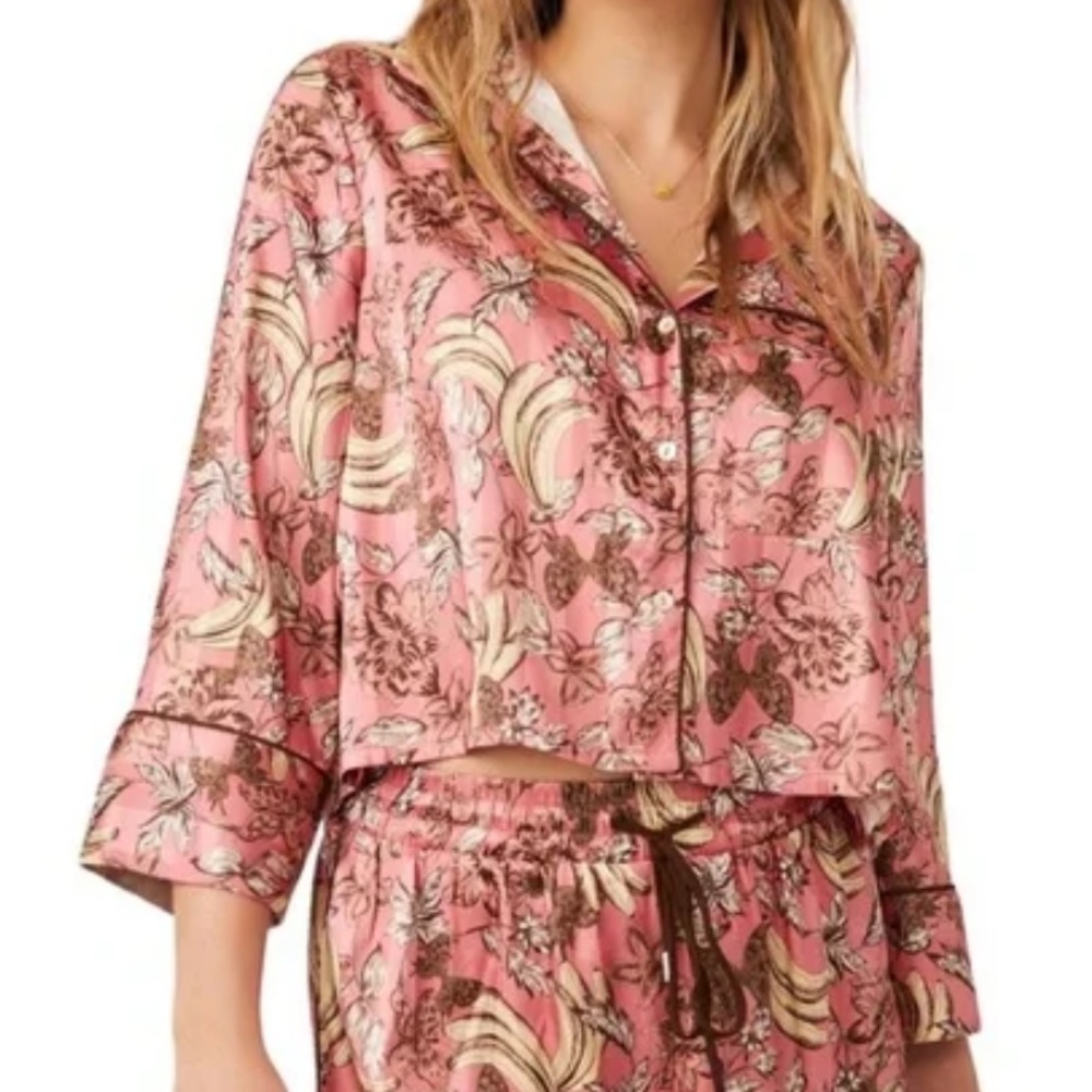 Free People Pillow Talk Satin Pink Floral and Banana Print Button Down PJ Top